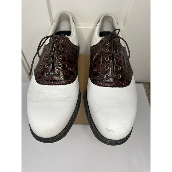 FootJoy DryJoys 5355 Mens 8 Wide Spiked Golf Shoes White Brown Croc Saddle